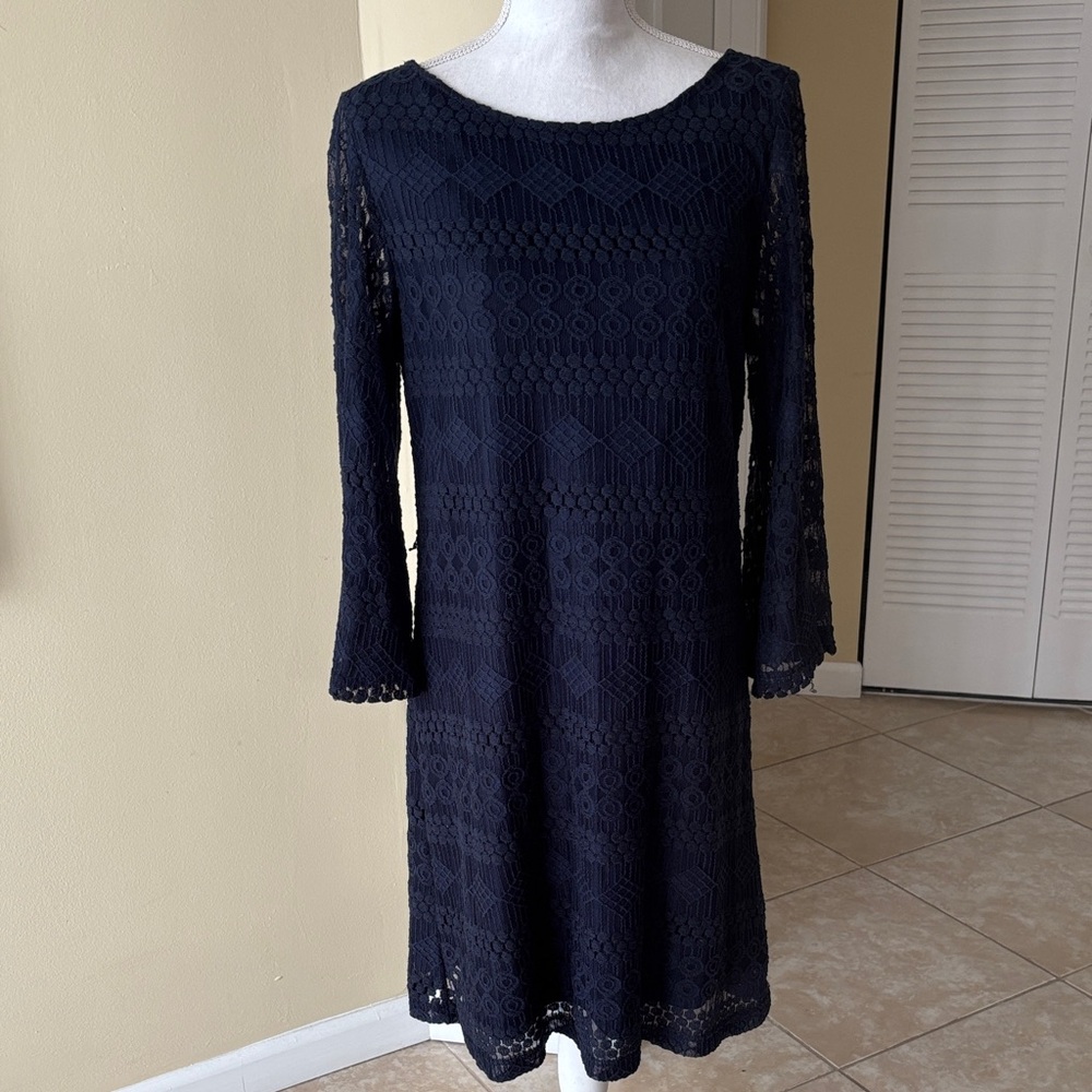 Sharagano Navy Long Sleeve Lace Dress